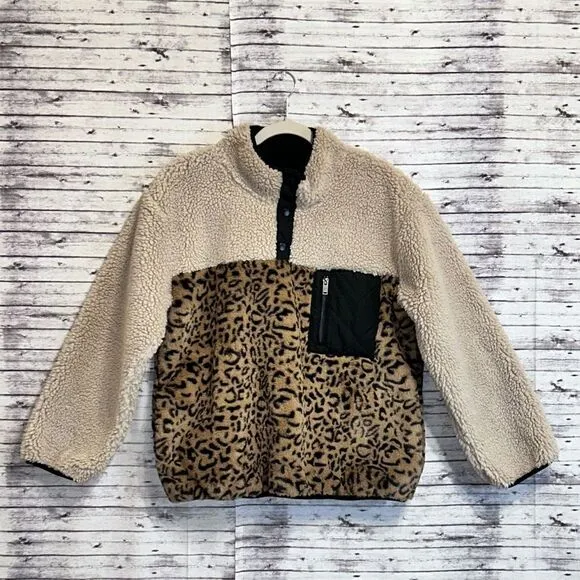 Rails Saga Leopard Print Teddy 1/4 Zip Pullover Jacket