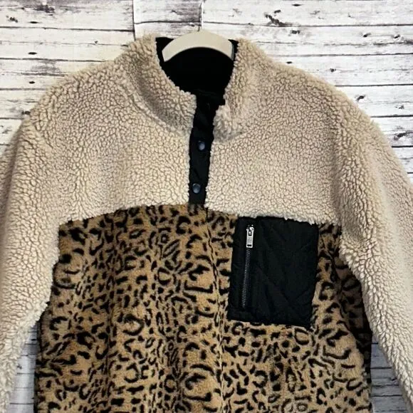 Rails Saga Leopard Print Teddy 1/4 Zip Pullover Jacket