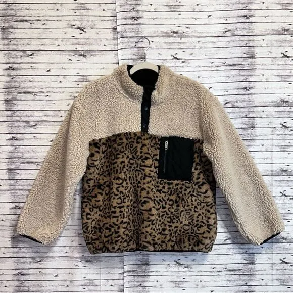 Rails Saga Leopard Print Teddy 1/4 Zip Pullover Jacket