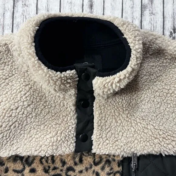 Rails Saga Leopard Print Teddy 1/4 Zip Pullover Jacket