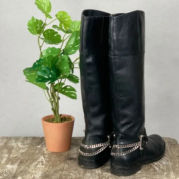 Ralph Lauren Black Leather Jacqui Chain Boots 7B