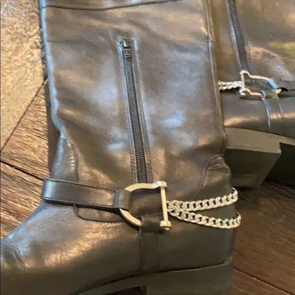 Ralph Lauren Black Leather Jacqui Chain Boots 7B
