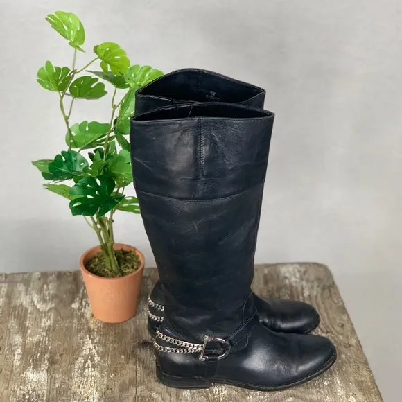 Ralph Lauren Black Leather Jacqui Chain Boots 7B