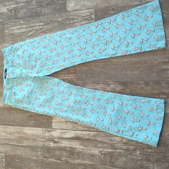 RANCH DRESS'N Fallon Taylor turquoise &amp; white crosses bootcut rodeo jeans 32x35L
