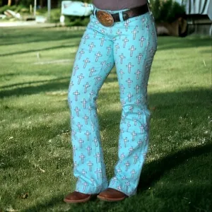 RANCH DRESS'N Fallon Taylor turquoise &amp; white crosses bootcut rodeo jeans 32x35L