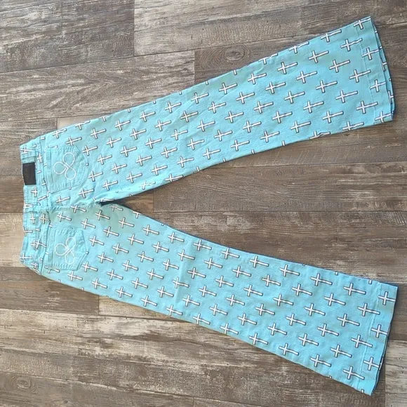 RANCH DRESS'N Fallon Taylor turquoise &amp; white crosses bootcut rodeo jeans 32x35L