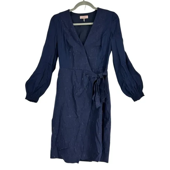 REBECCA TAYLOR DRESS WOMENS 2 NAVY LONG SLEEVE SILK WOOL CROSS HATCH TAILORED