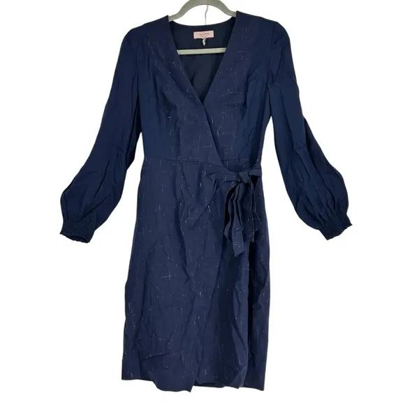 REBECCA TAYLOR DRESS WOMENS 2 NAVY LONG SLEEVE SILK WOOL CROSS HATCH TAILORED