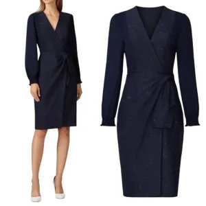 REBECCA TAYLOR DRESS WOMENS 2 NAVY LONG SLEEVE SILK WOOL CROSS HATCH TAILORED
