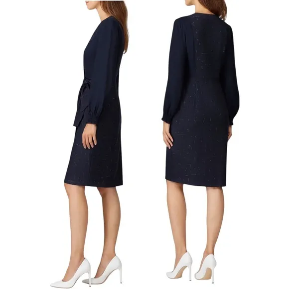 REBECCA TAYLOR DRESS WOMENS 2 NAVY LONG SLEEVE SILK WOOL CROSS HATCH TAILORED