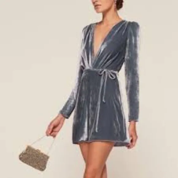 Reformation Chrissy Velvet Long Sleeve Wrap Dress Blue