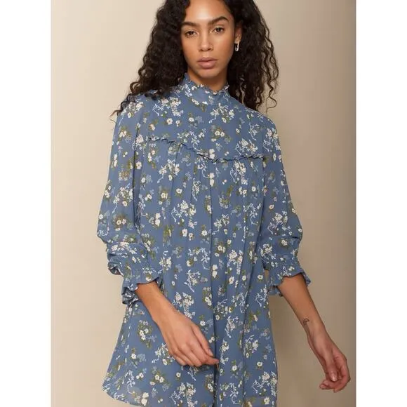 Reformation Jourdan Blue Avery Floral Mini Dress Long Sleeve Boho Size Large