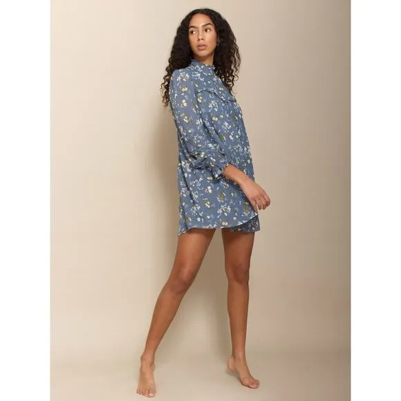Reformation Jourdan Blue Avery Floral Mini Dress Long Sleeve Boho Size Large