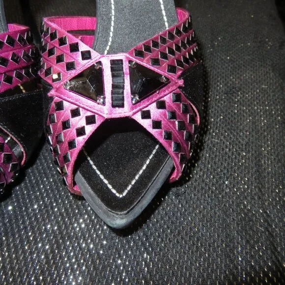 Rene Caovilla Black &amp; Pink Studded Italian Leather open toed pumps heels size 6