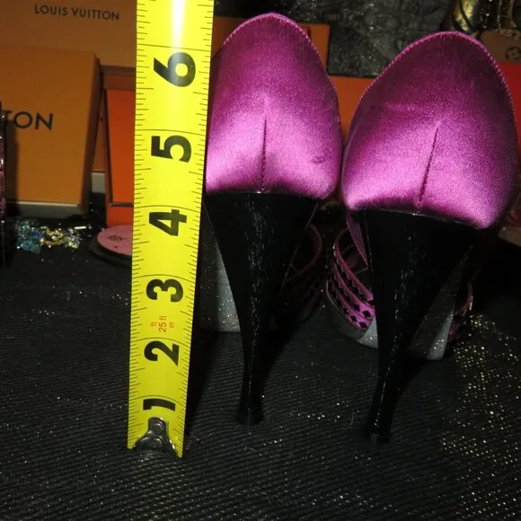 Rene Caovilla Black &amp; Pink Studded Italian Leather open toed pumps heels size 6