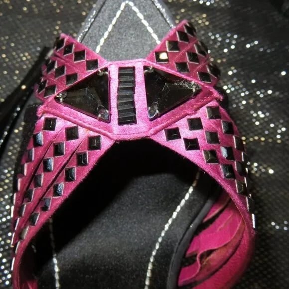Rene Caovilla Black &amp; Pink Studded Italian Leather open toed pumps heels size 6