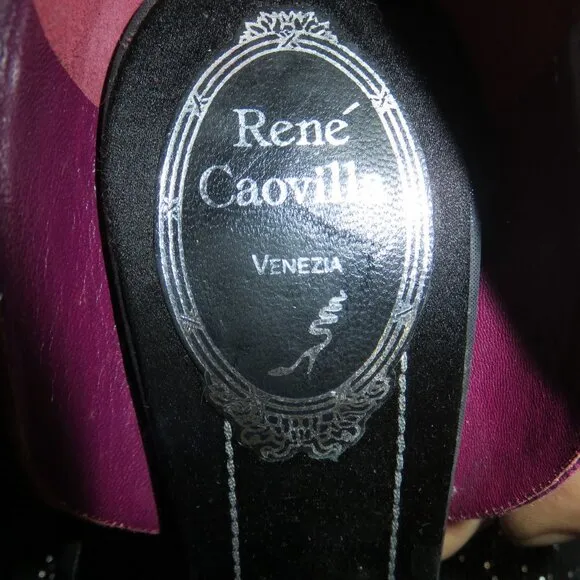 Rene Caovilla Black &amp; Pink Studded Italian Leather open toed pumps heels size 6