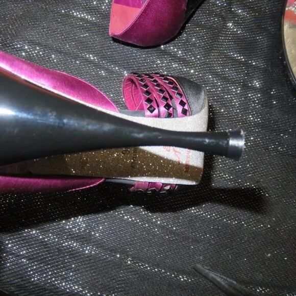Rene Caovilla Black &amp; Pink Studded Italian Leather open toed pumps heels size 6