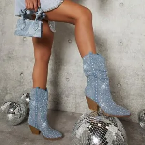 Rhinestone Cowboy Embellished Denim Boots Size 6 GORGEOUS NEW Western