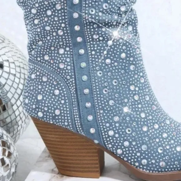 Rhinestone Cowboy Embellished Denim Boots Size 6 GORGEOUS NEW Western