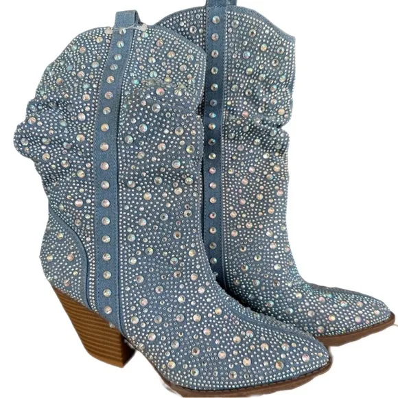Rhinestone Cowboy Embellished Denim Boots Size 6 GORGEOUS NEW Western
