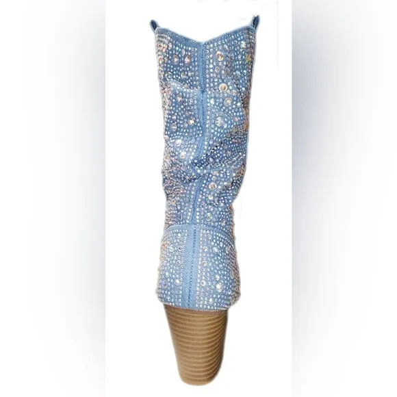Rhinestone Cowboy Embellished Denim Boots Size 6 GORGEOUS NEW Western