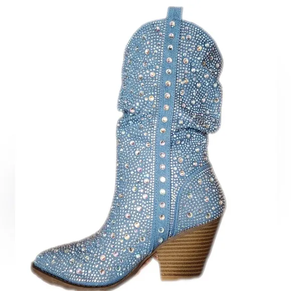Rhinestone Cowboy Embellished Denim Boots Size 6 GORGEOUS NEW Western