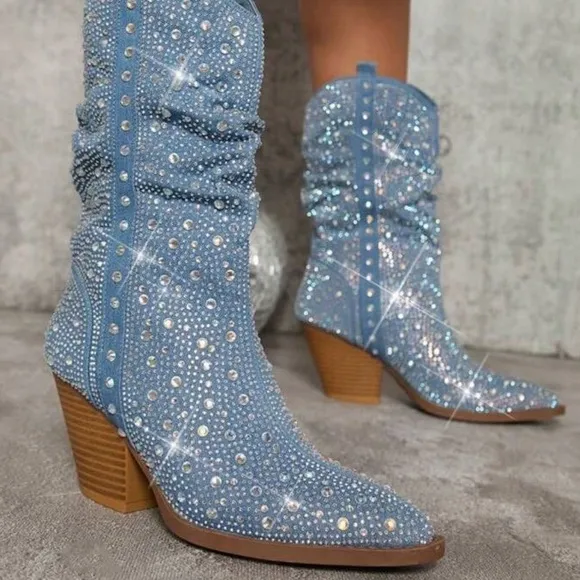 Rhinestone Cowboy Embellished Denim Boots Size 6 GORGEOUS NEW Western