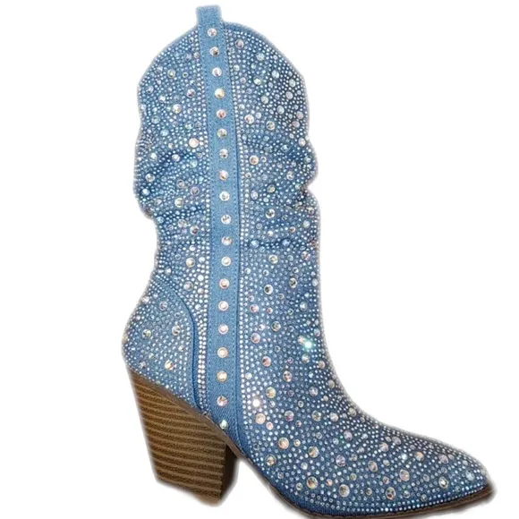 Rhinestone Cowboy Embellished Denim Boots Size 6 GORGEOUS NEW Western