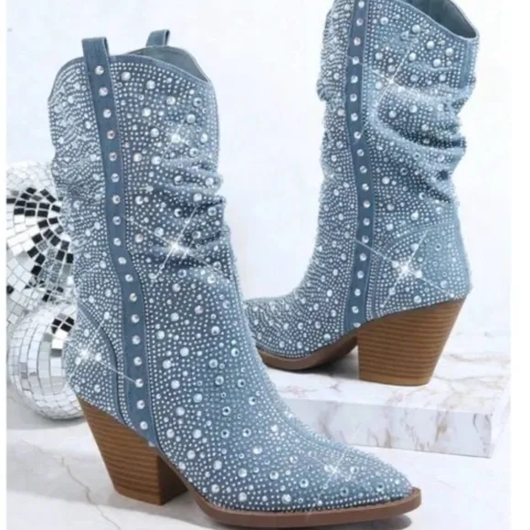 Rhinestone Cowboy Embellished Denim Boots Size 6 GORGEOUS NEW Western