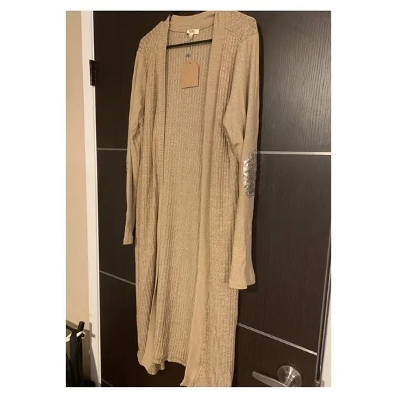 RIBBED Long Cardy with Sequins Elbow Patches