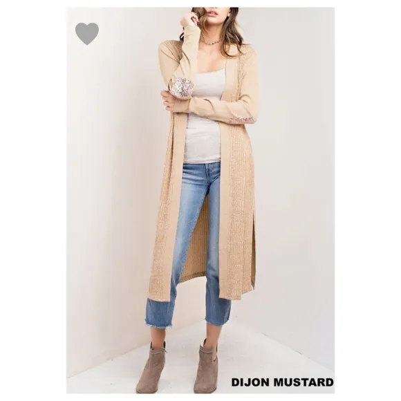 RIBBED Long Cardy with Sequins Elbow Patches