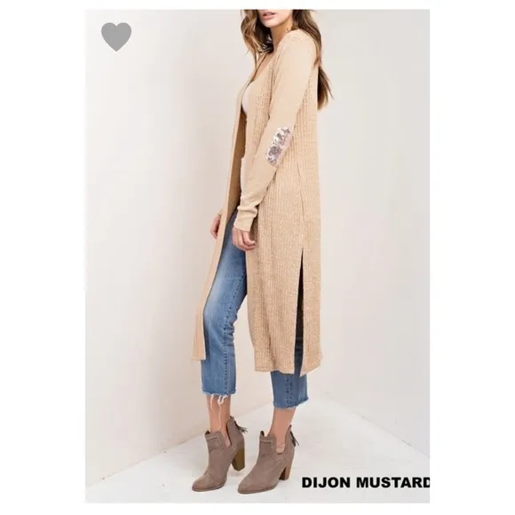 Ribbed Long Cardy with Sequins Elbow Patches
