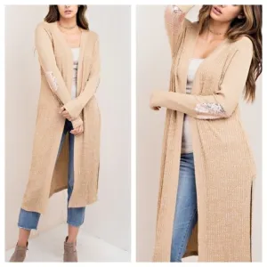 RIBBED Long Cardy with Sequins Elbow Patches