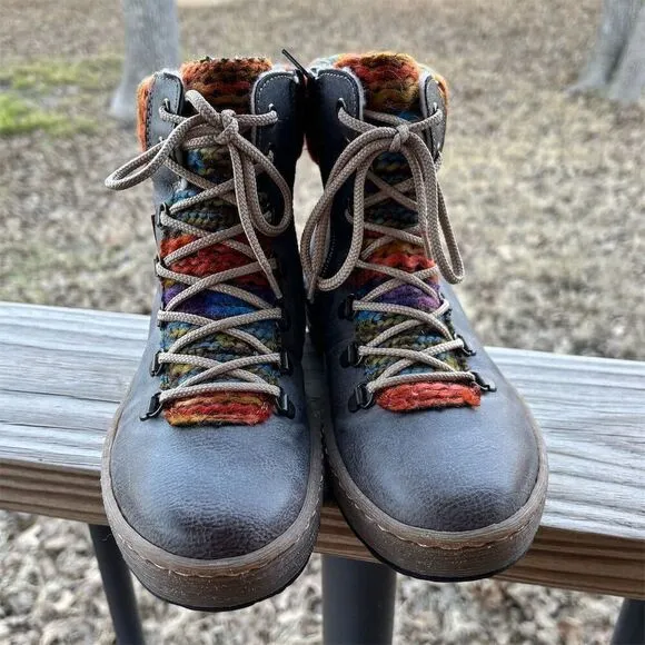 Rieker Women's Gray Ankle Boots Size 7 with Colorful Yarn Collar