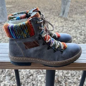 Rieker Women's Gray Ankle Boots Size 7 with Colorful Yarn Collar