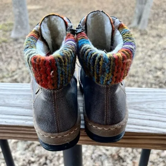 Rieker Women's Gray Ankle Boots Size 7 with Colorful Yarn Collar
