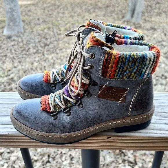 Rieker Women's Gray Ankle Boots Size 7 with Colorful Yarn Collar