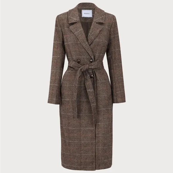 Rihoas Coffee Lapel Belted Double Breasted Coat