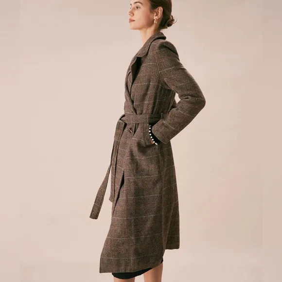 Rihoas Coffee Lapel Belted Double Breasted Coat