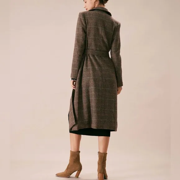Rihoas Coffee Lapel Belted Double Breasted Coat
