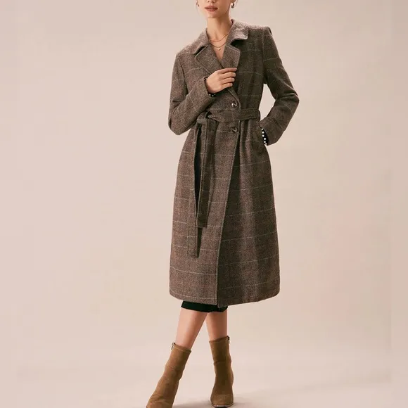 Rihoas Coffee Lapel Belted Double Breasted Coat