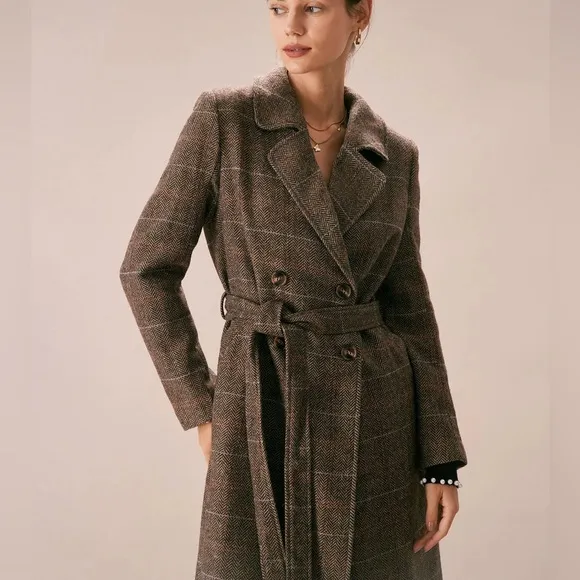 Rihoas Coffee Lapel Belted Double Breasted Coat