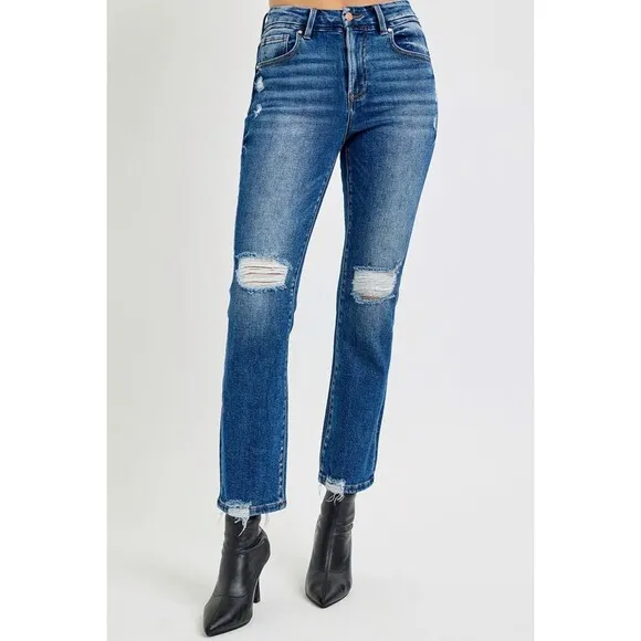 RISEN Full Size High Rise Distressed Crop Straight Jeans