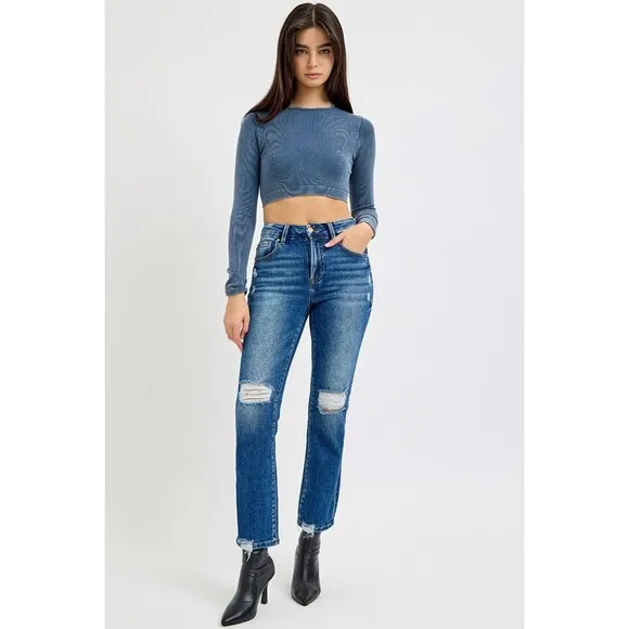RISEN Full Size High Rise Distressed Crop Straight Jeans