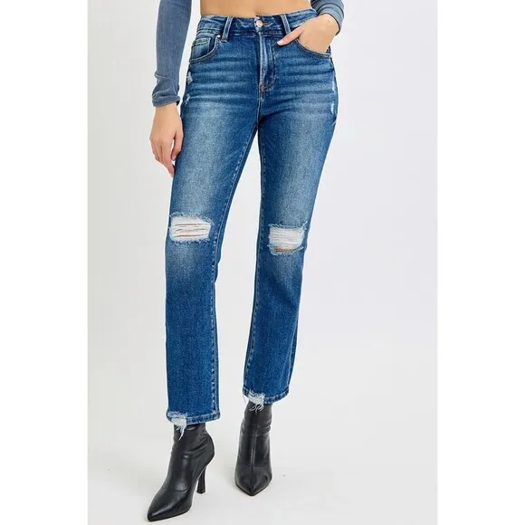 RISEN Full Size High Rise Distressed Crop Straight Jeans