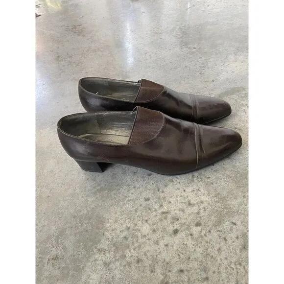 Robert Clergerie Heels Shoes Brown Leather Almond Toe Chunky Heel 9