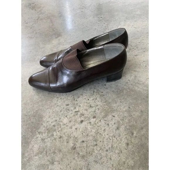 Robert Clergerie Heels Shoes Brown Leather Almond Toe Chunky Heel 9