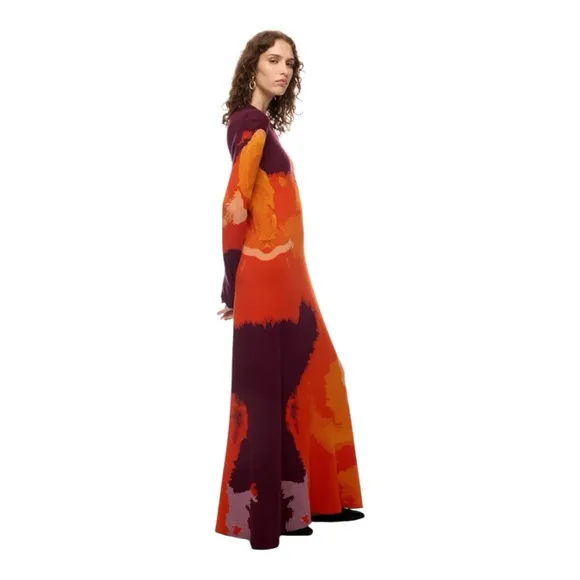 Rodebjer Clemins Knit Maxi Dress Long Sleeve Orange Abstract Art Print Size XL