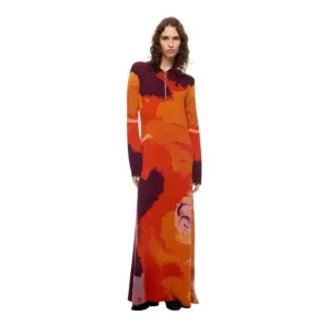 Rodebjer Clemins Knit Maxi Dress Long Sleeve Orange Abstract Art Print Size XL